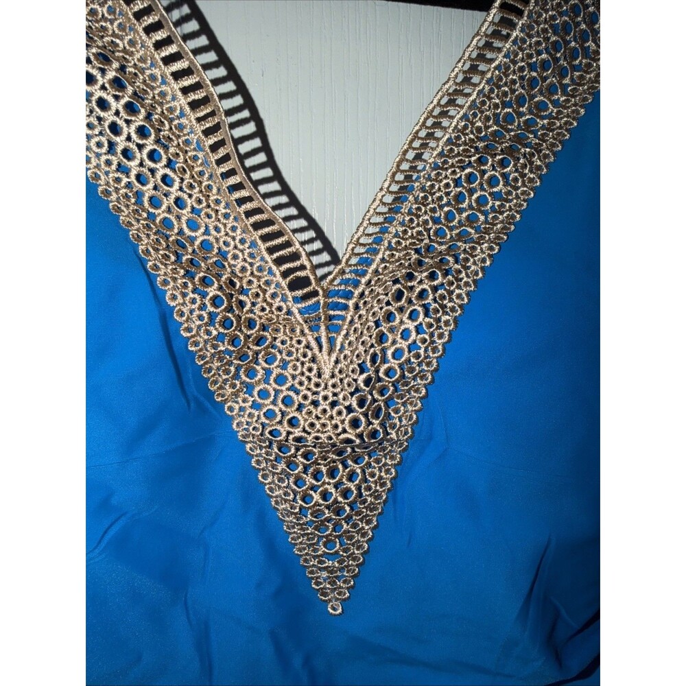 Women Swim Bathing Suit One piece Sz Med Ruffle Sleeve Crochet Blue NWOT Boho - Picture 3 of 12